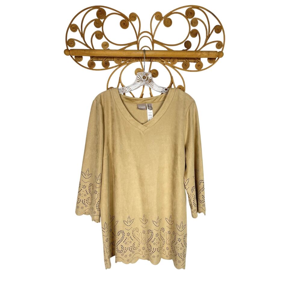 Chico's faux suede tan v-neck 3/4 sleeve top L